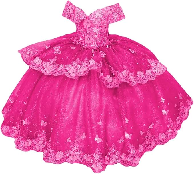 Bright Pink / 18m Sunnypeta lEnchanted Blue Sweetheart Tulle Flower Girl Gown with Floral Appliqués