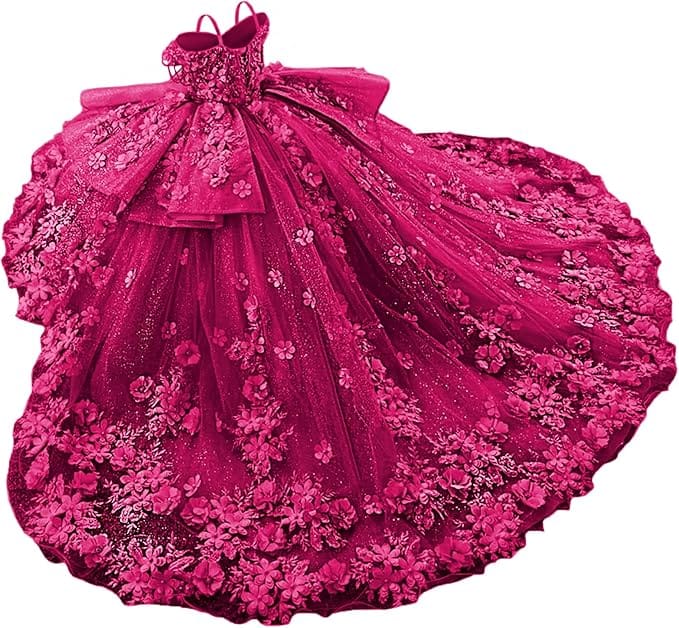 Bright Pink / 18m Sunnypetal Exquisite Tulle Off-Shoulder Flower Girl Dress Pageant Gown with 3D Floral Appliqués