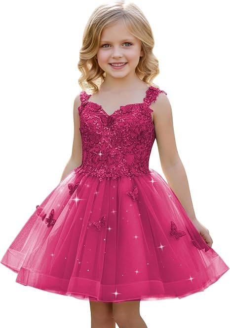 Bright Pink / 18m Sunnypetal Luxury Mint Green Butterfly Lace Flower Girl Dress
