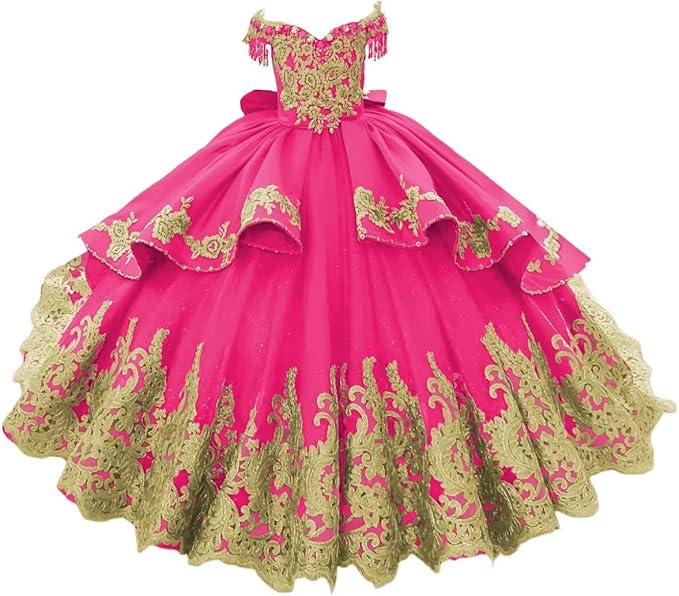 Bright Pink / 18m Sunnypetal Luxury Royal Blue Off-Shoulder Ball Gown Flower Girl Dress with Gold Embroidery