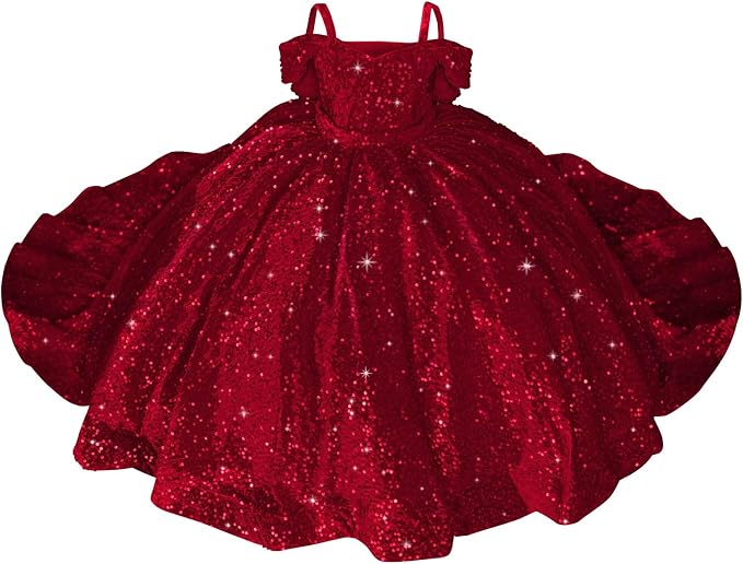 Burgundy / 18m Sparkly Off-Shoulder Sequin Flower Girl Pageant Dress Princess Ball Gown with Bow