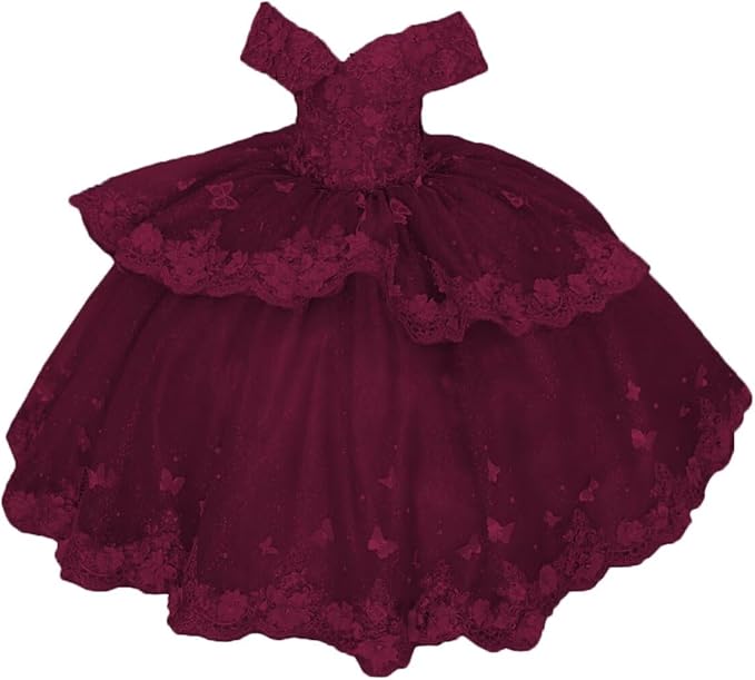 Burgundy / 18m Sunnypeta lEnchanted Blue Sweetheart Tulle Flower Girl Gown with Floral Appliqués