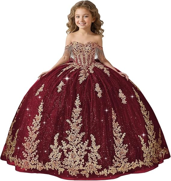 Burgundy / 18m Sunnypetal Black Off-Shoulder Floral Embroidery Flower Girl Ball Gown