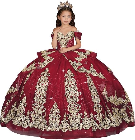Burgundy / 18m Sunnypetal Elegant Gold Appliqué Off-Shoulder Flower Girl Dress with Tassel Details