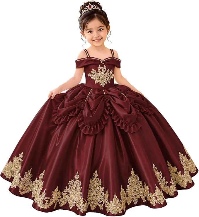 Burgundy / 18m Sunnypetal Elegant Golden Satin Princess Flower Girl Dress with Bow