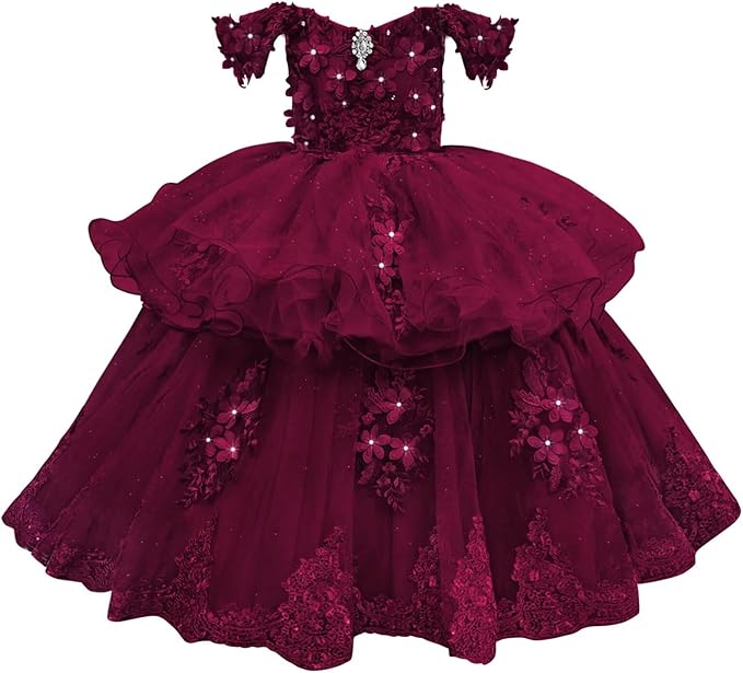 Burgundy / 18m Sunnypetal Elegant Off-Shoulder Tulle Ball Gown Flower Girl Dress with 3D Floral Appliqués