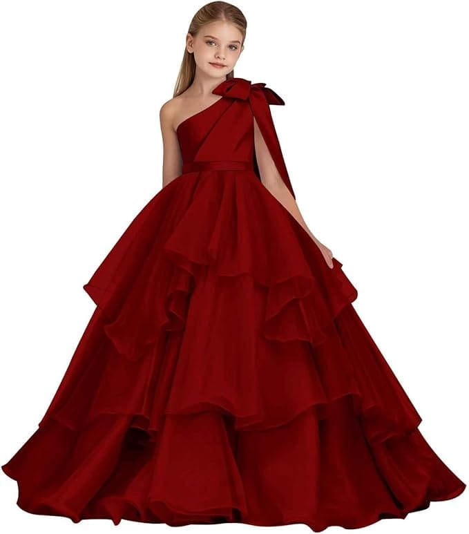 Burgundy / 18m Sunnypetal Elegant One-Shoulder Satin Tulle Flower Girl Pageant Dress for Special Occasions