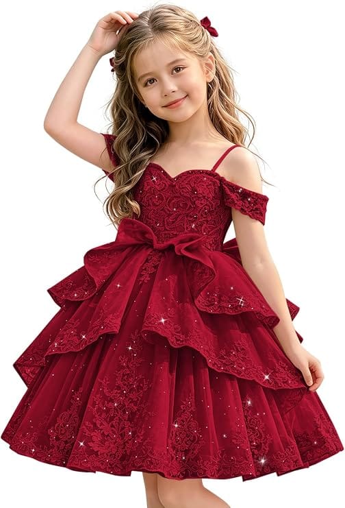 Burgundy / 18m Sunnypetal Elegant Sweetheart Lace Applique Princess Bow Flower Girl Pageant Dress