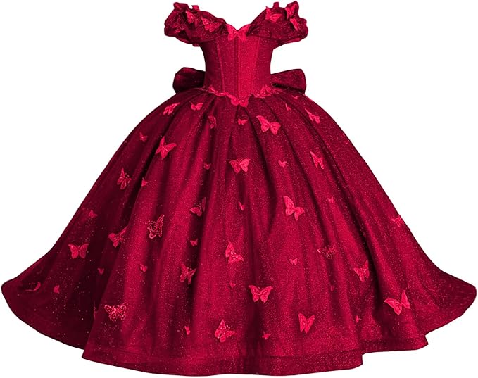 Burgundy / 18m Sunnypetal Enchanted Blue Butterfly Princess Flower Girl Dress