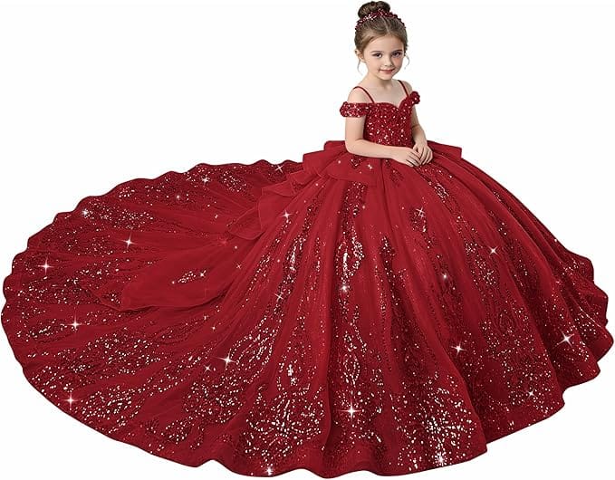 Burgundy / 18m Sunnypetal Enchanted Blue Off-Shoulder Flower Girl Princess Ball Gown with Sparkling Appliqués