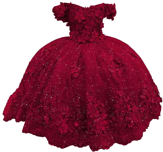 Burgundy / 18m Sunnypetal Enchanted Ice Blue Tulle Ball Gown Flower Girl Dress with 3D Floral Appliqués