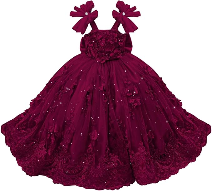 Burgundy / 18m Sunnypetal Enchanted Mint Green Tulle Ball Gown Flower Girl Dress with 3D Floral Appliqués