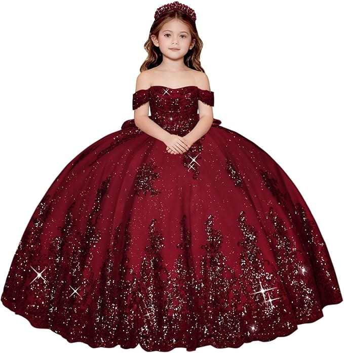 Burgundy / 18m Sunnypetal Enchanted Off-Shoulder Tulle Ball Gown Flower Girl Dress with Lace Appliqués