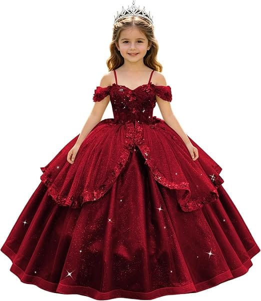 Burgundy / 18m SunnyPetal Enchanted Sage Green Off-Shoulder Lace Appliqué Tulle Flower Girl Gown