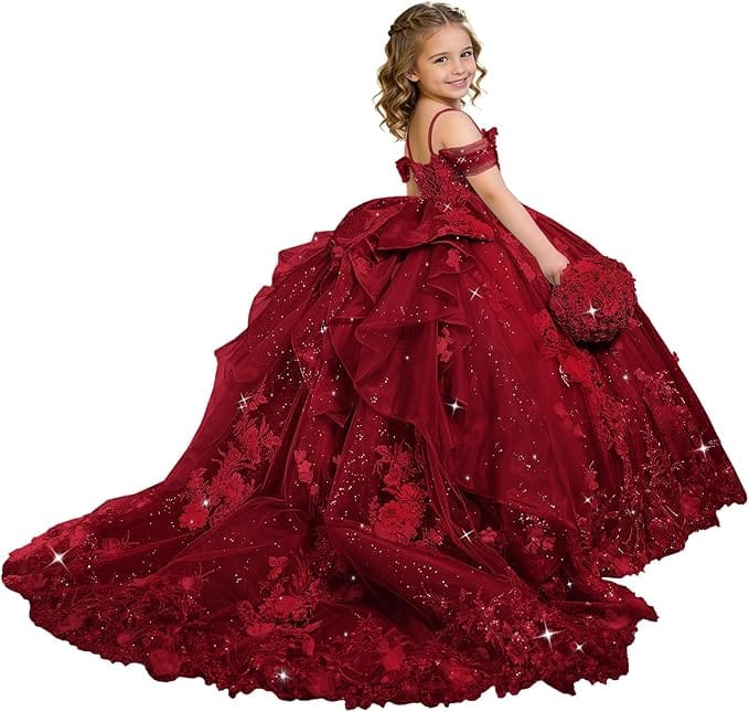 Burgundy / 18m Sunnypetal Exquisite 3D Floral Lace Applique Ruffle Tulle Flower Girl Ball Gown with Bow