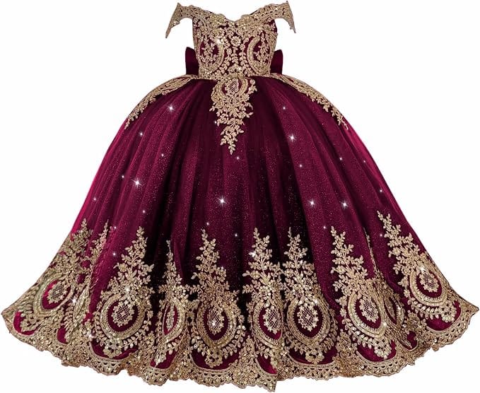 Burgundy / 18m Sunnypetal Exquisite Gold Appliqué Off-Shoulder Princess Flower Girl Dress with Bow