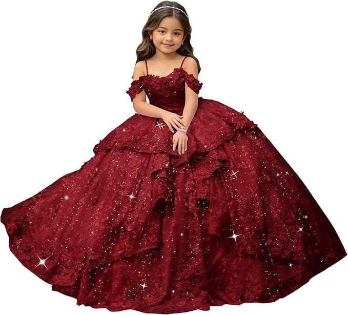 Burgundy / 18m Sunnypetal Exquisite Off-Shoulder 3D Floral Appliqué Pageant Flower Girl Gown