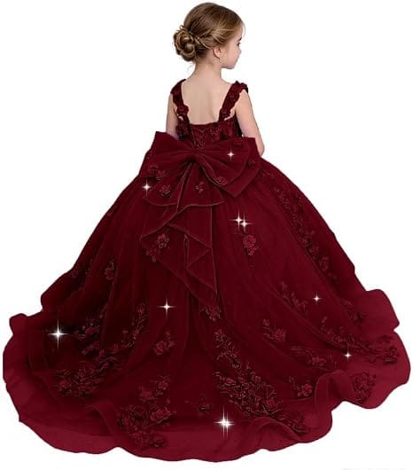 Burgundy / 18m Sunnypetal Exquisite Off-Shoulder 3D Floral Glitter Tulle Ball Gown Flower Girl Dress with Bow