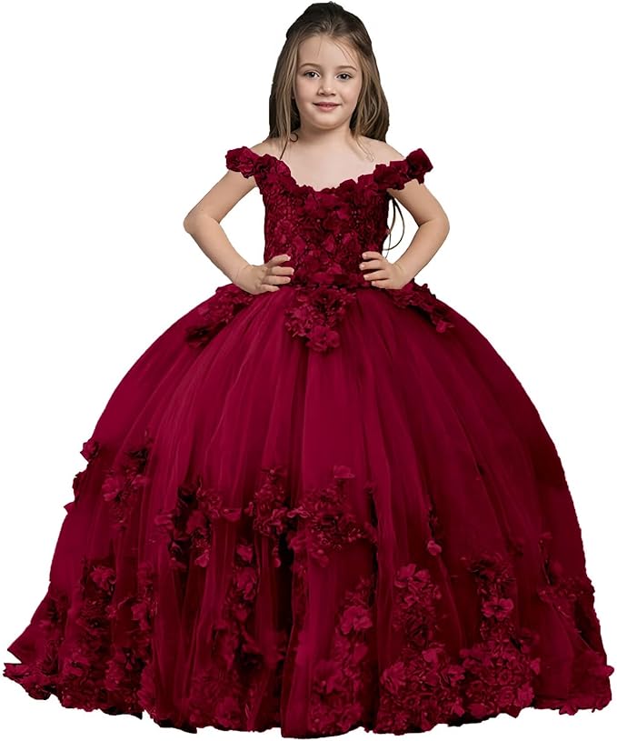 Burgundy / 18m Sunnypetal Exquisite Off-Shoulder Tulle 3D Floral Flower Girl Princess Dress with Satin Bow