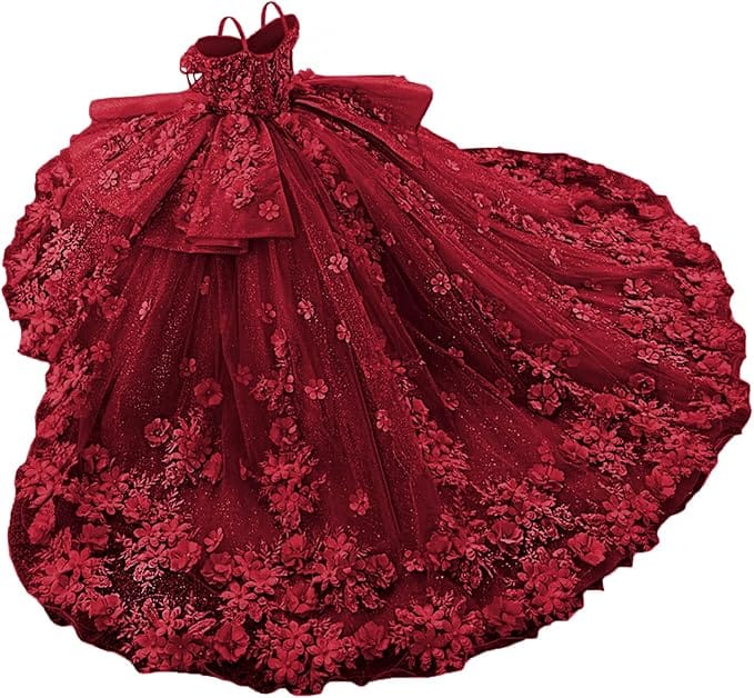 Burgundy / 18m Sunnypetal Exquisite Tulle Off-Shoulder Flower Girl Dress Pageant Gown with 3D Floral Appliqués