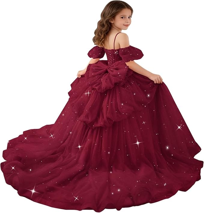 Burgundy / 18m Sunnypetal Girls Spaghetti Strap Glitter Tulle Ball Gown with Lace Appliqués &amp; Bow