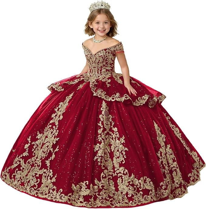Burgundy / 18m Sunnypetal Gold Applique Off Shoulder Flower Girl Dress with Tassels Crystal &amp; Bow