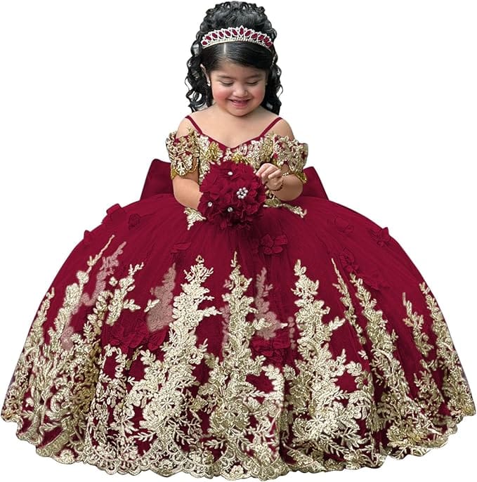 Burgundy / 18m Sunnypetal Gorgeous Gold Appliqués Tulle Flower Girl Ball Gown with Bow and 3D Butterflies