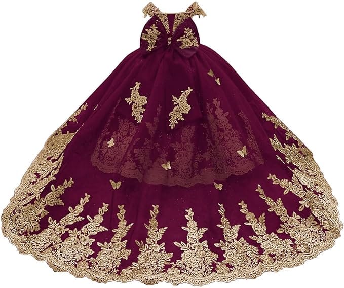 Burgundy / 18m Sunnypetal Gorgeous Off-Shoulder Sweetheart Tulle Flower Girl Dress with Gold Embroidery