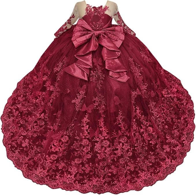 Burgundy / 18m Sunnypetal Lace Long Sleeve Ball Gown Flower Girl Dress with 3D Butterflies and Satin Bow