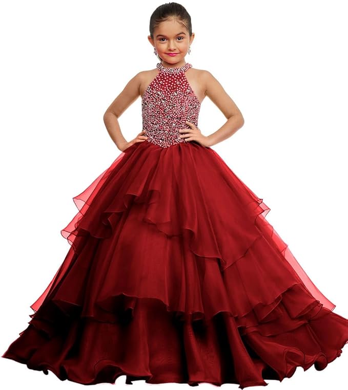 Burgundy / 18m Sunnypetal Layered Organza Princess Ball Gown Flower Girl Dress for Pageant &amp; Party