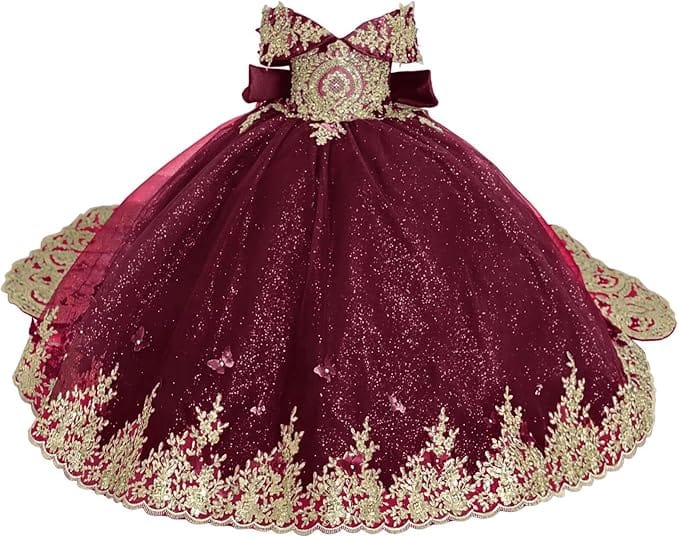 Burgundy / 18m Sunnypetal Luxury Emerald Green Lace Appliqué Tulle Ball Gown Flower Girl Dress with Royal Train