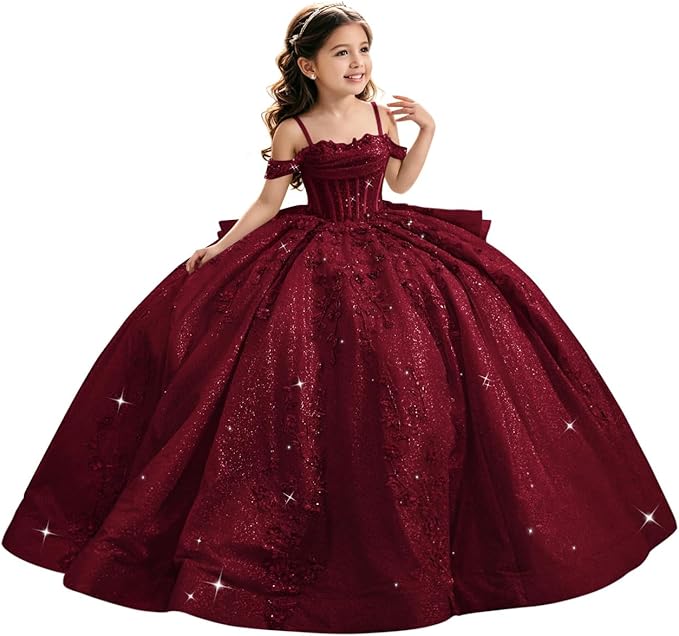 Burgundy / 18m Sunnypetal Luxury Glitter Tulle Off-Shoulder Ball Gown Flower Girl Dress with Train