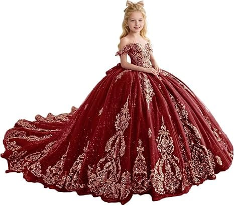 Burgundy / 18m Sunnypetal Luxury Gold Appliqué Glitter Tulle Flower Girl Gown with Oversized Bow