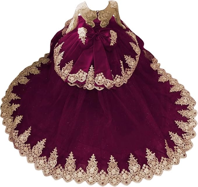 Burgundy / 18m Sunnypetal Luxury Gold Lace Appliqué Tulle Ball Gown Flower Girl Dress with Royal Train