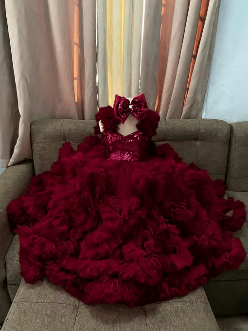 Burgundy / 18m Sunnypetal Luxury Hot Pink Ruffle Tulle Flower Girl Ball Gown with Sequin Bow