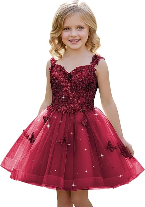 Burgundy / 18m Sunnypetal Luxury Mint Green Butterfly Lace Flower Girl Dress