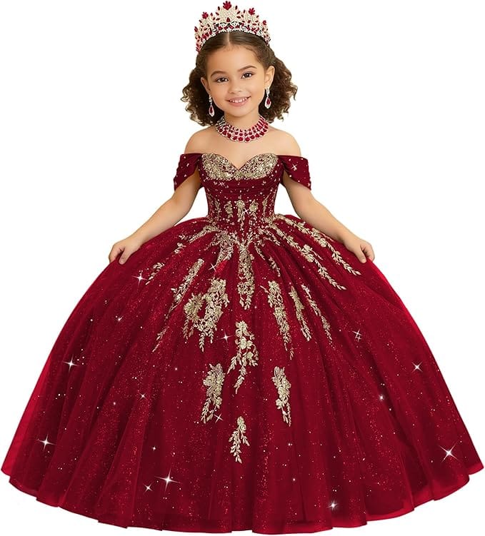 Burgundy / 18m Sunnypetal Luxury Off-Shoulder Gold Lace Applique Princess Flower Girl Ball Gown Dress