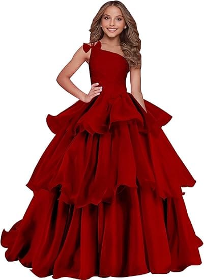 Burgundy / 18m Sunnypetal Luxury One-Shoulder Puffy Organza Flower Girl Dress Princess Pageant Gown
