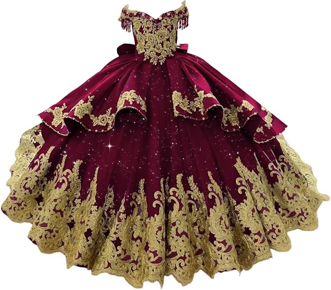 Burgundy / 18m Sunnypetal Luxury Royal Blue Off-Shoulder Ball Gown Flower Girl Dress with Gold Embroidery