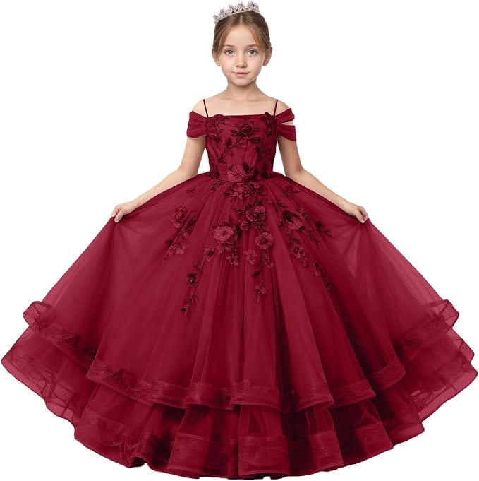 Burgundy / 18m Sunnypetal Off-Shoulder Floral Appliqué Tulle Flower Girl Dress for Special Occasions