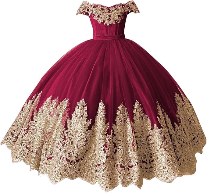 Burgundy / 18m Sunnypetal Off-Shoulder Gold Lace Beaded Puffy Tulle Flower Girl Gown for Special Occasions