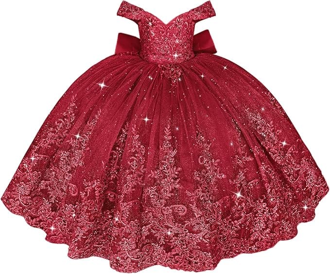 Burgundy / 18m Sunnypetal Off Shoulder Sweetheart Lace Tulle Flower Girl Pageant Dress with Bow