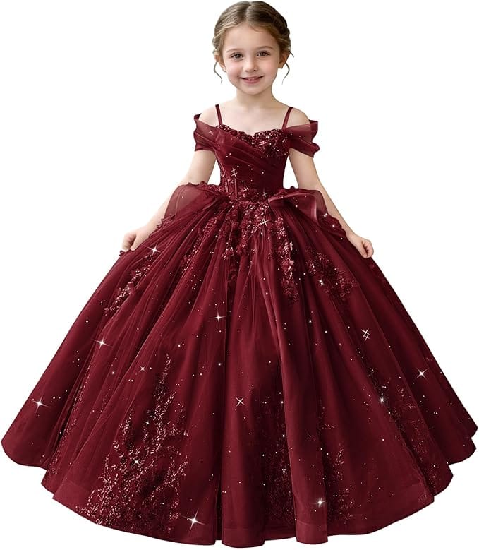 Burgundy / 18m Sunnypetal Off-Shoulderl 3D Lace Appliqué Tiered Ruffle Flower Girl Dress for Pageant