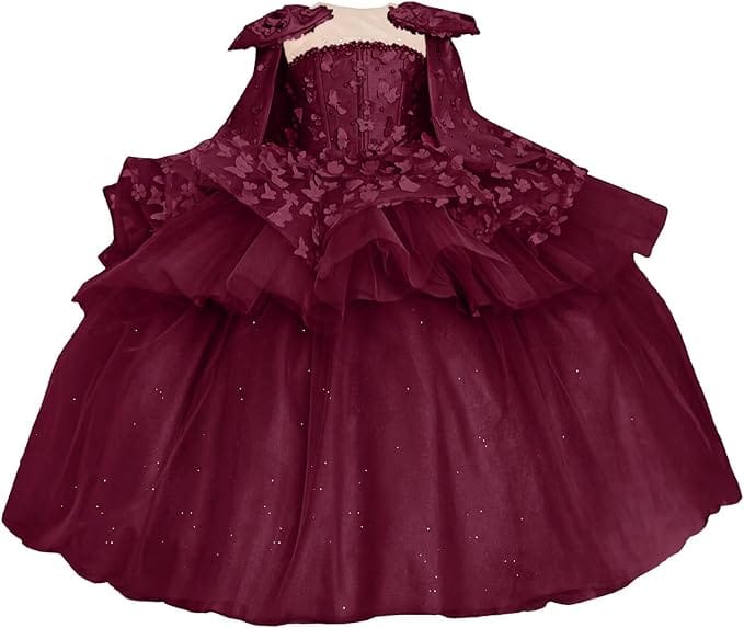 Burgundy / 18m Sunnypetal Princess Pink Tulle Ball Gown Flower Girl Dress with Butterfly Appliqués and Cape