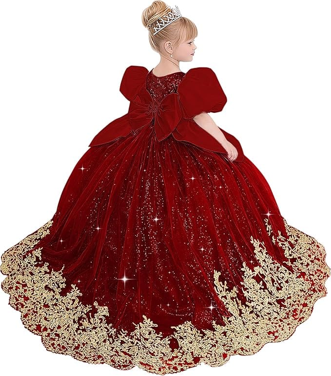 Burgundy / 18m Sunnypetal Princess Sky Blue Tulle Lace Flower Girl Dress with Bow and Puff Sleeves