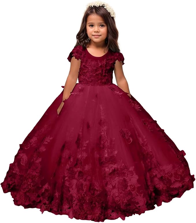 Burgundy / 18m Sunnypetal Romantic Blush Floral Lace Tulle Flower Girl Ball Gown
