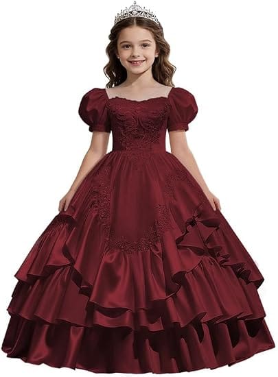 Burgundy / 18m Sunnypetal Satin Sweetheart Neck Puffy Sleeve Lace Applique Princess Flower Girl Dress