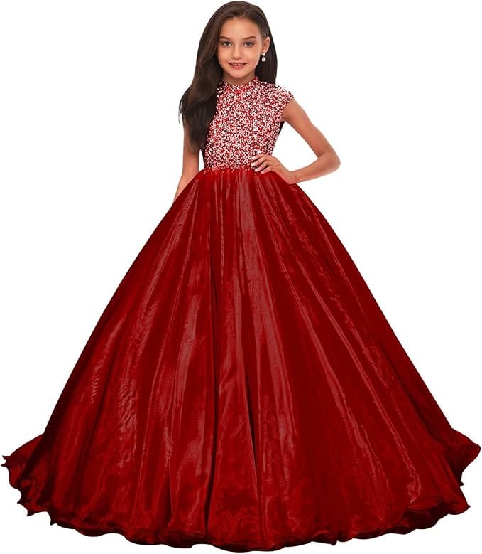 Burgundy / 18m Sunnypetal Sparkling Hot Pink Ball Gown Flower Girl Dress with Rhinestones Beaded Bodice