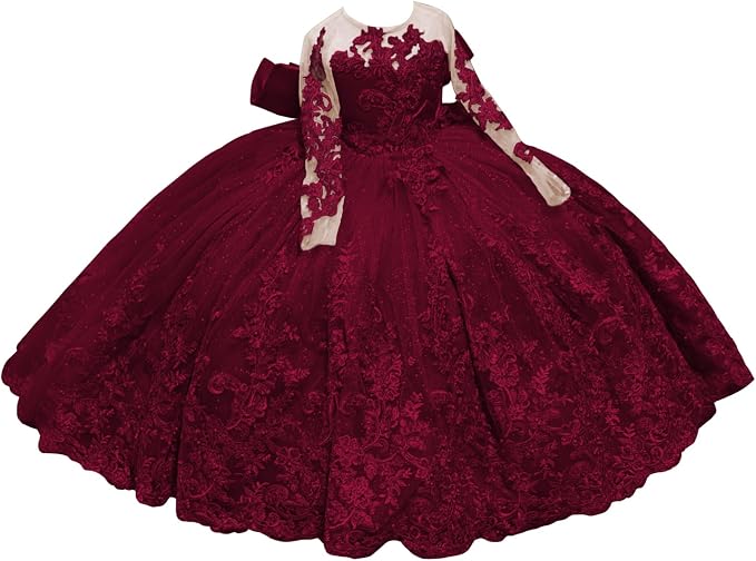 Burgundy / 18m Sunnypetal Sparkling Long Sleeve Lace Tulle Flower Girl Dress with Glitter Appliqué &amp; Bow