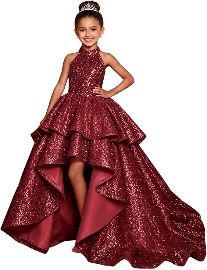 Burgundy / 18m Sunnypetal Sparkly Sequin Halter High Low Flower Girl Dress Pageant Gown